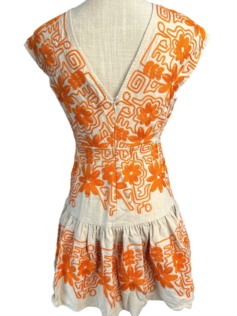 Maje Beige & Orange Embroidered Floral Sleeveless Dress Size 40 - Picture 3 of 9